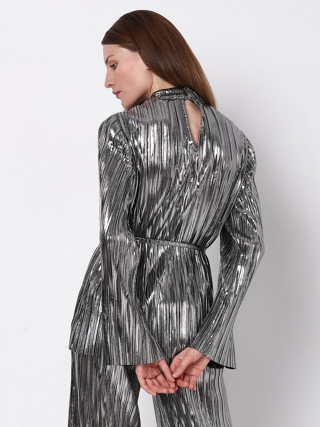 Silver Metallic High Neck Co-Ord Set Top