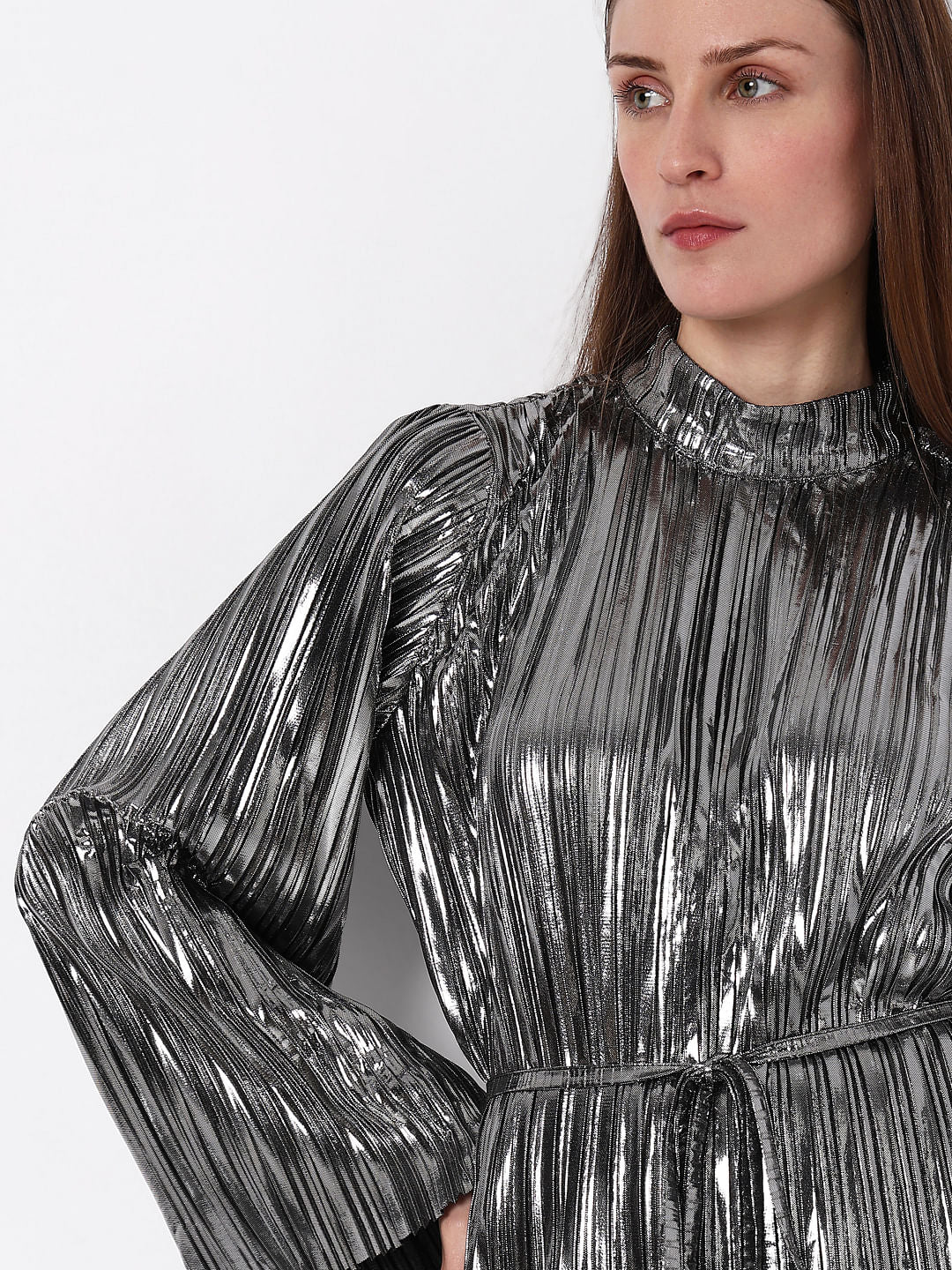 Silver Metallic High Neck Co-Ord Set Top