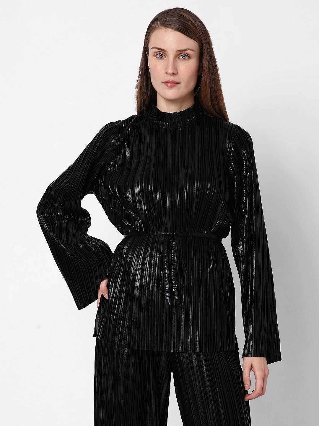 Black Metallic High Neck Co-Ord Set Top