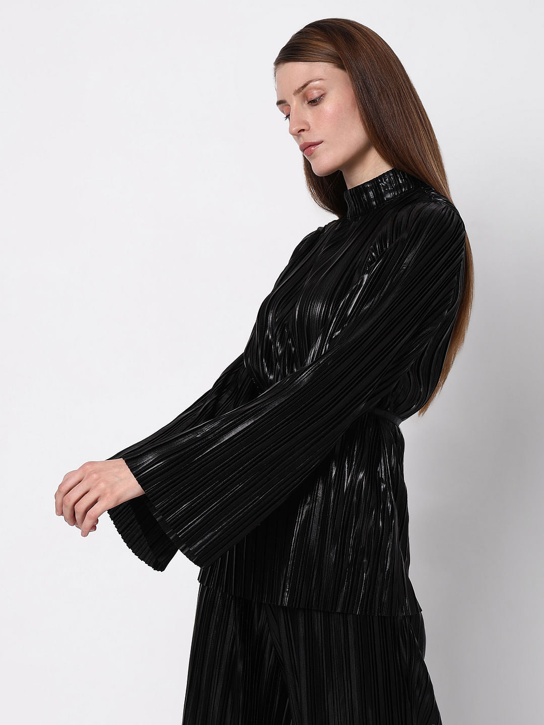 Black Metallic High Neck Co-Ord Set Top