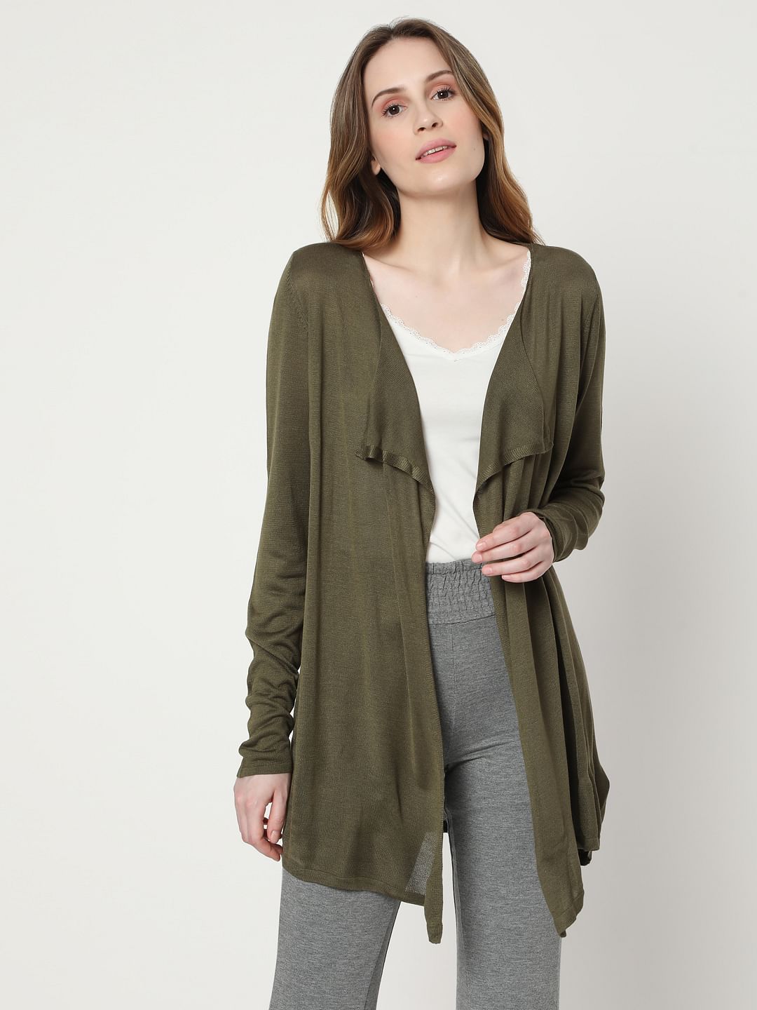 Green Front Open Cardigan