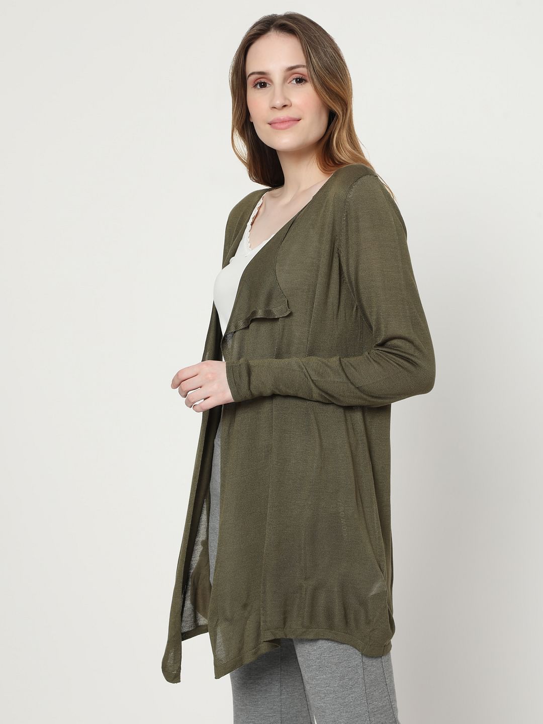 Green Front Open Cardigan
