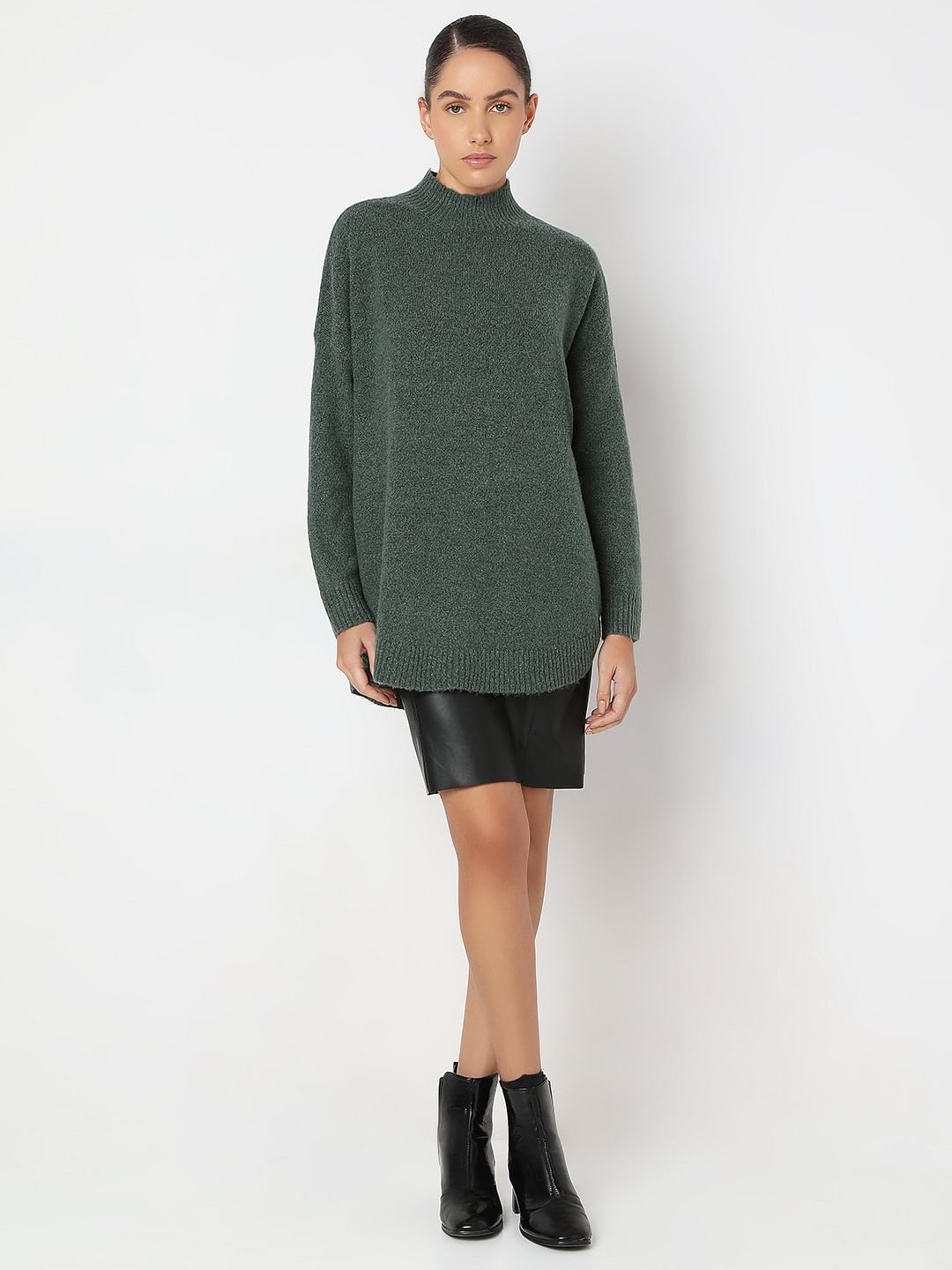 Green High-Neck Long Pullover