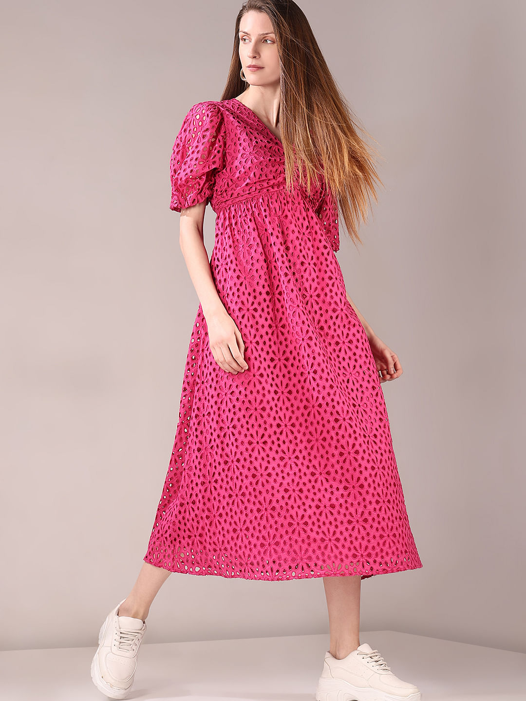Pink Schiffli Cotton Midi Dress