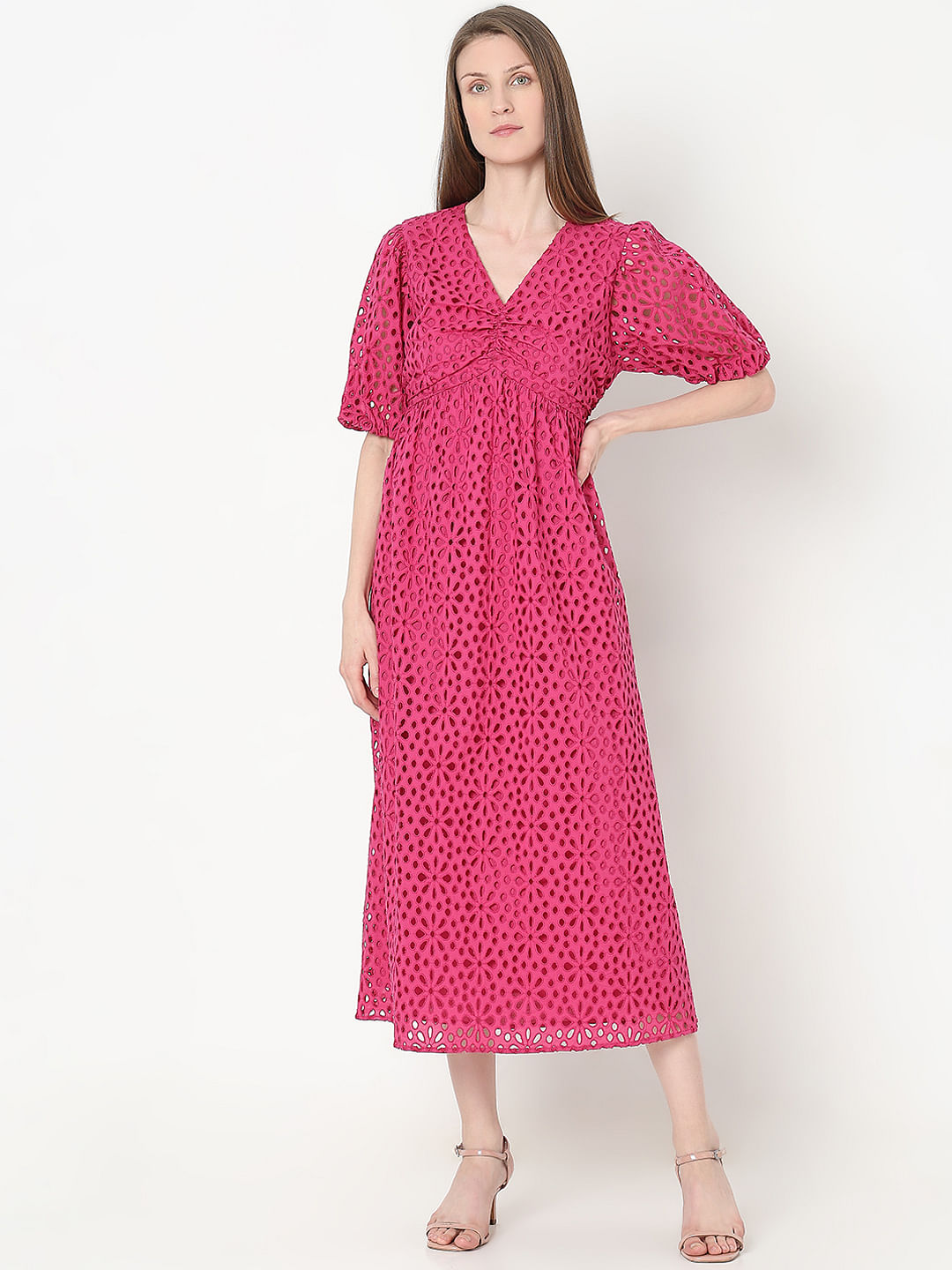 Pink Schiffli Cotton Midi Dress
