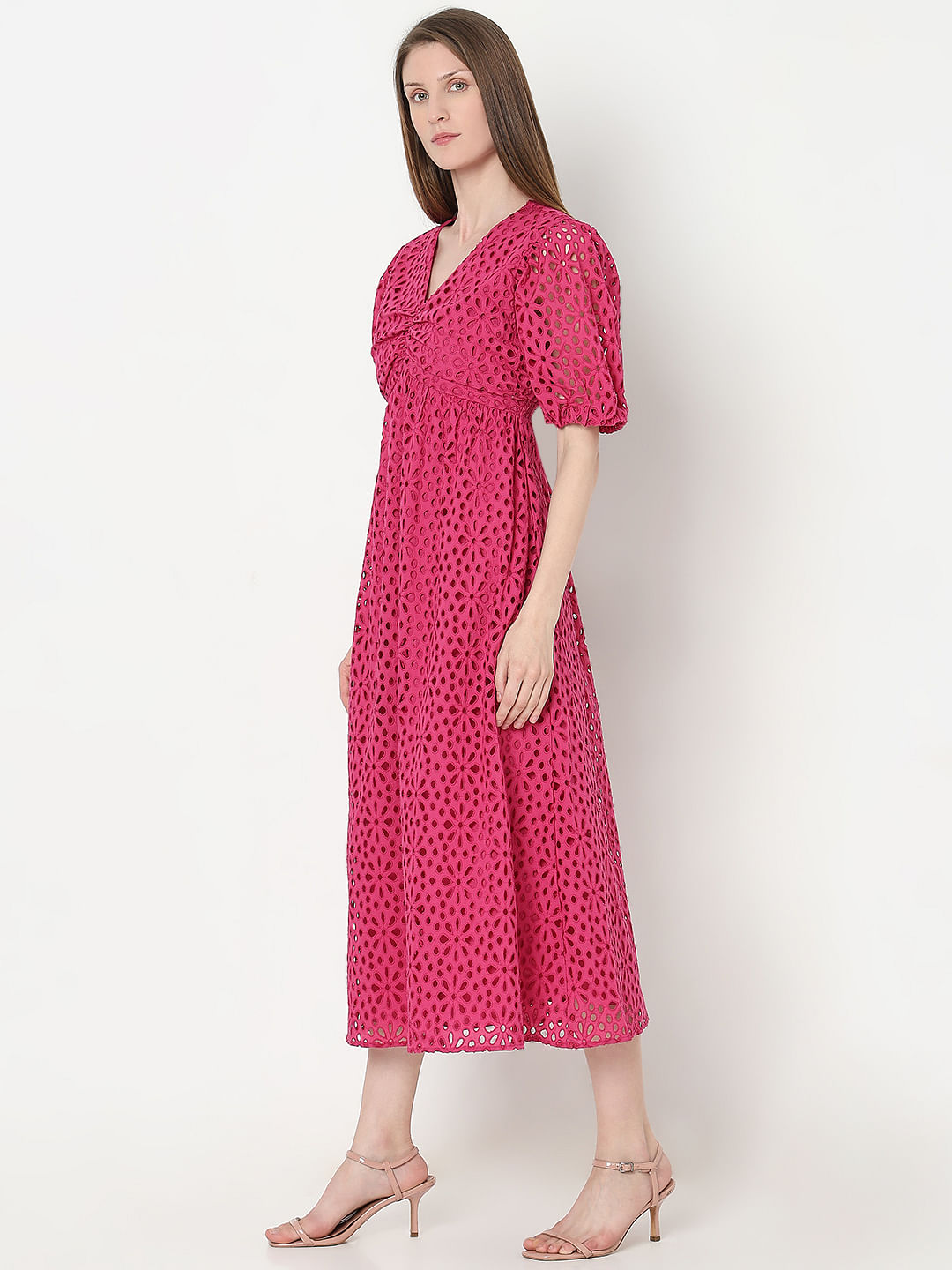 Pink Schiffli Cotton Midi Dress