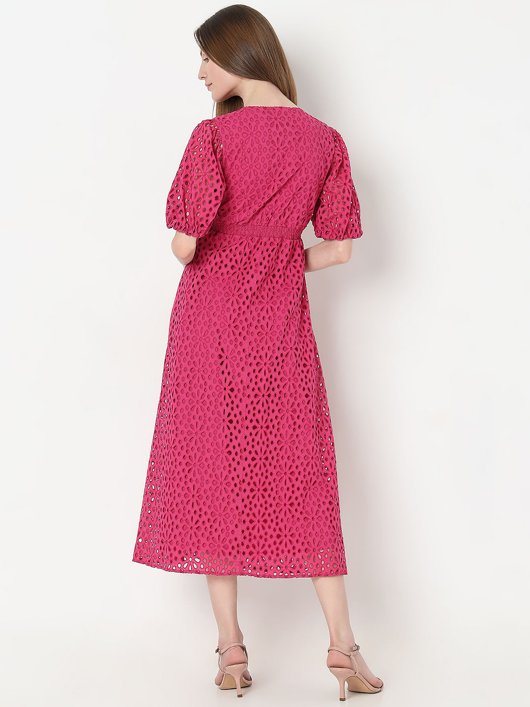 Pink Schiffli Cotton Midi Dress