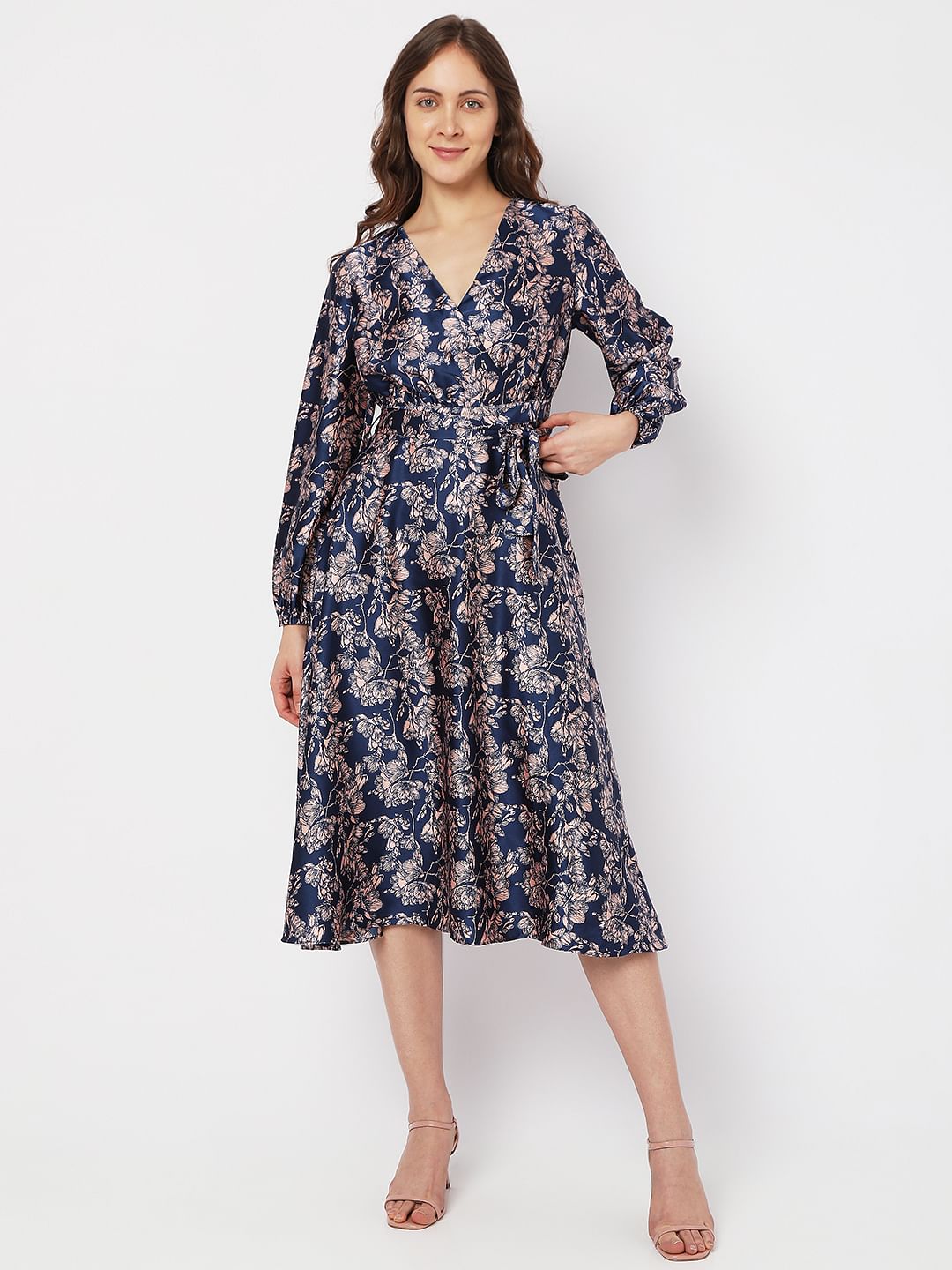 Navy Blue Printed Satin Midi Dress