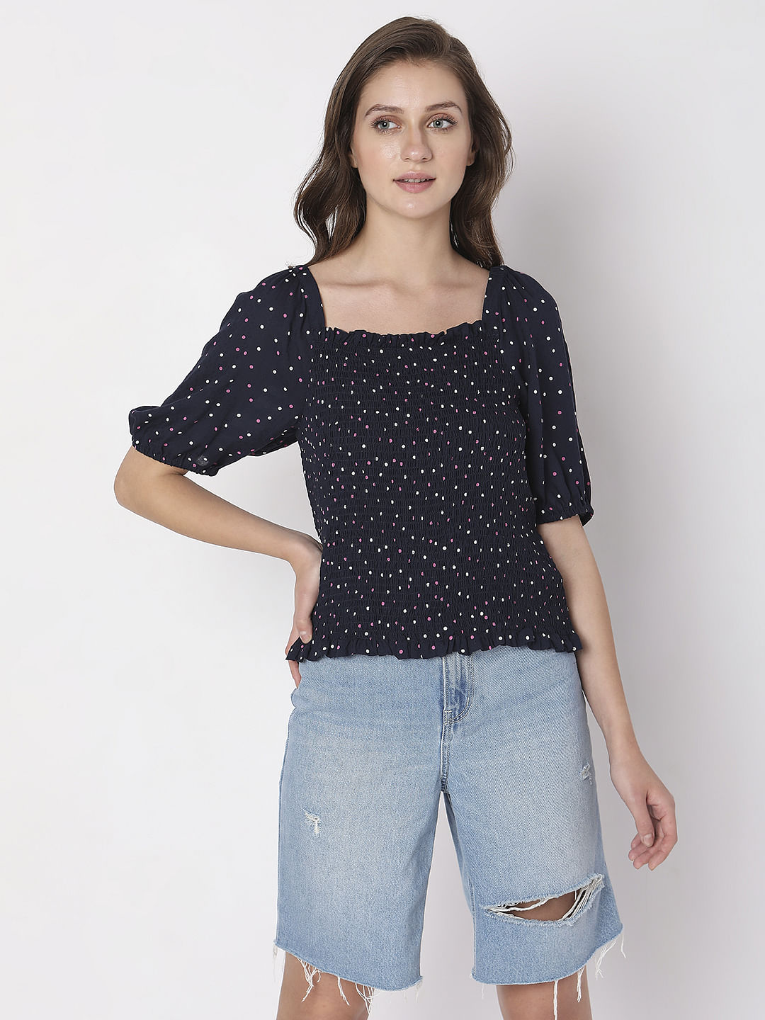 Navy Blue Printed Smocked Top