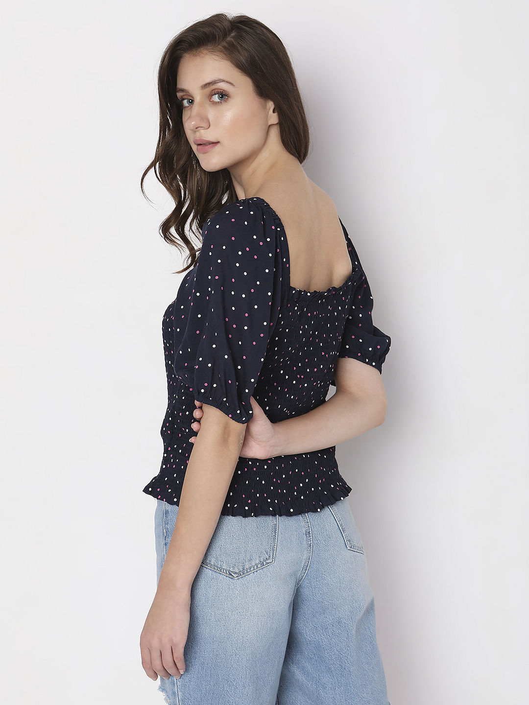 Navy Blue Printed Smocked Top