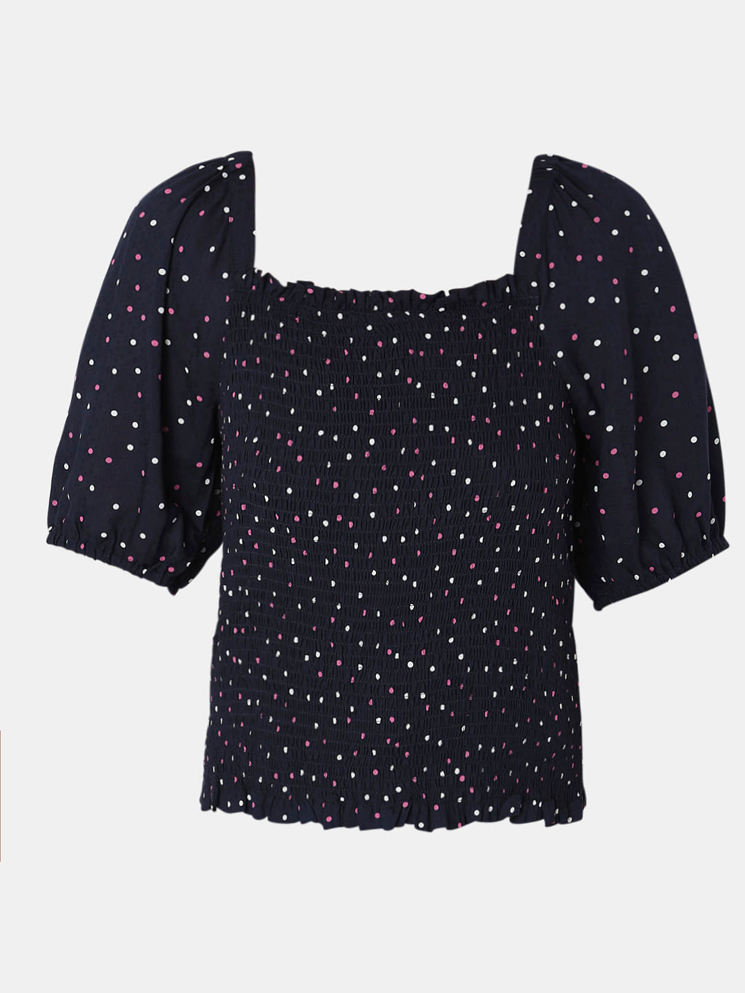Navy Blue Printed Smocked Top