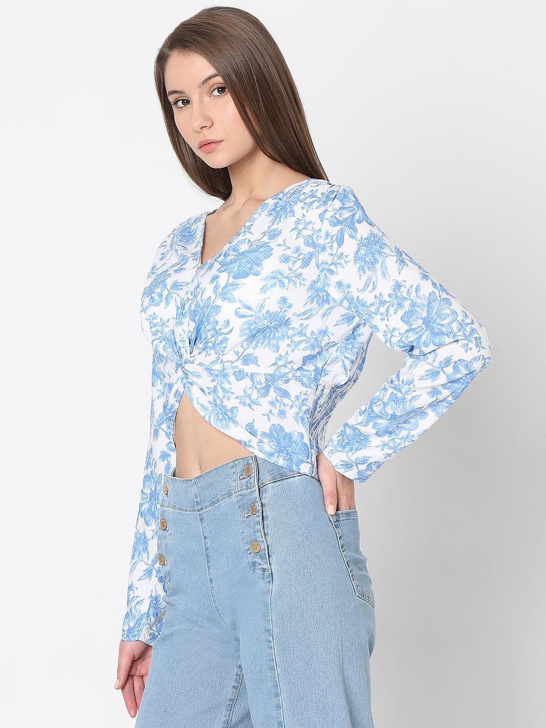 Blue & White Floral Print Cropped Top