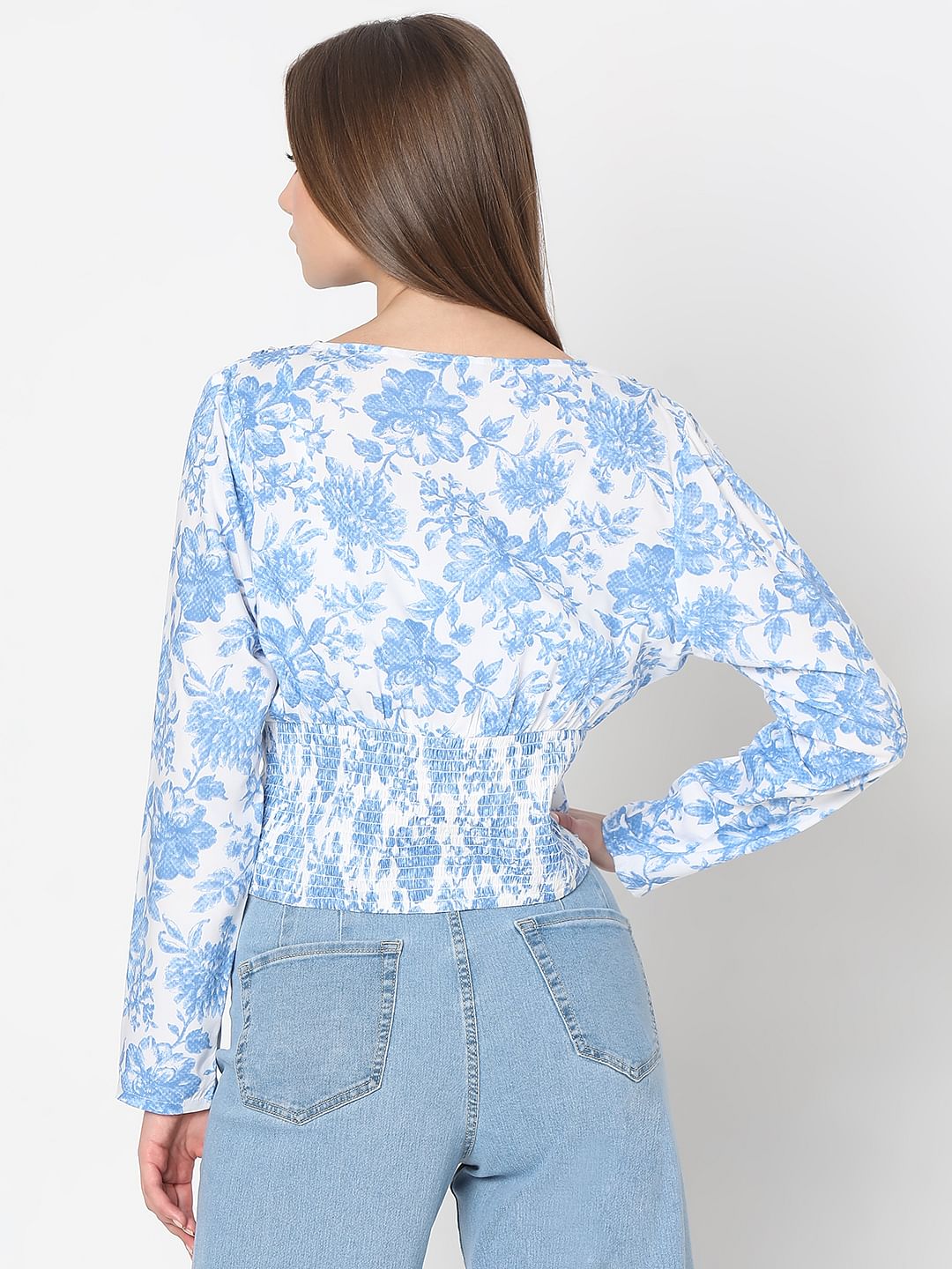 Blue & White Floral Print Cropped Top