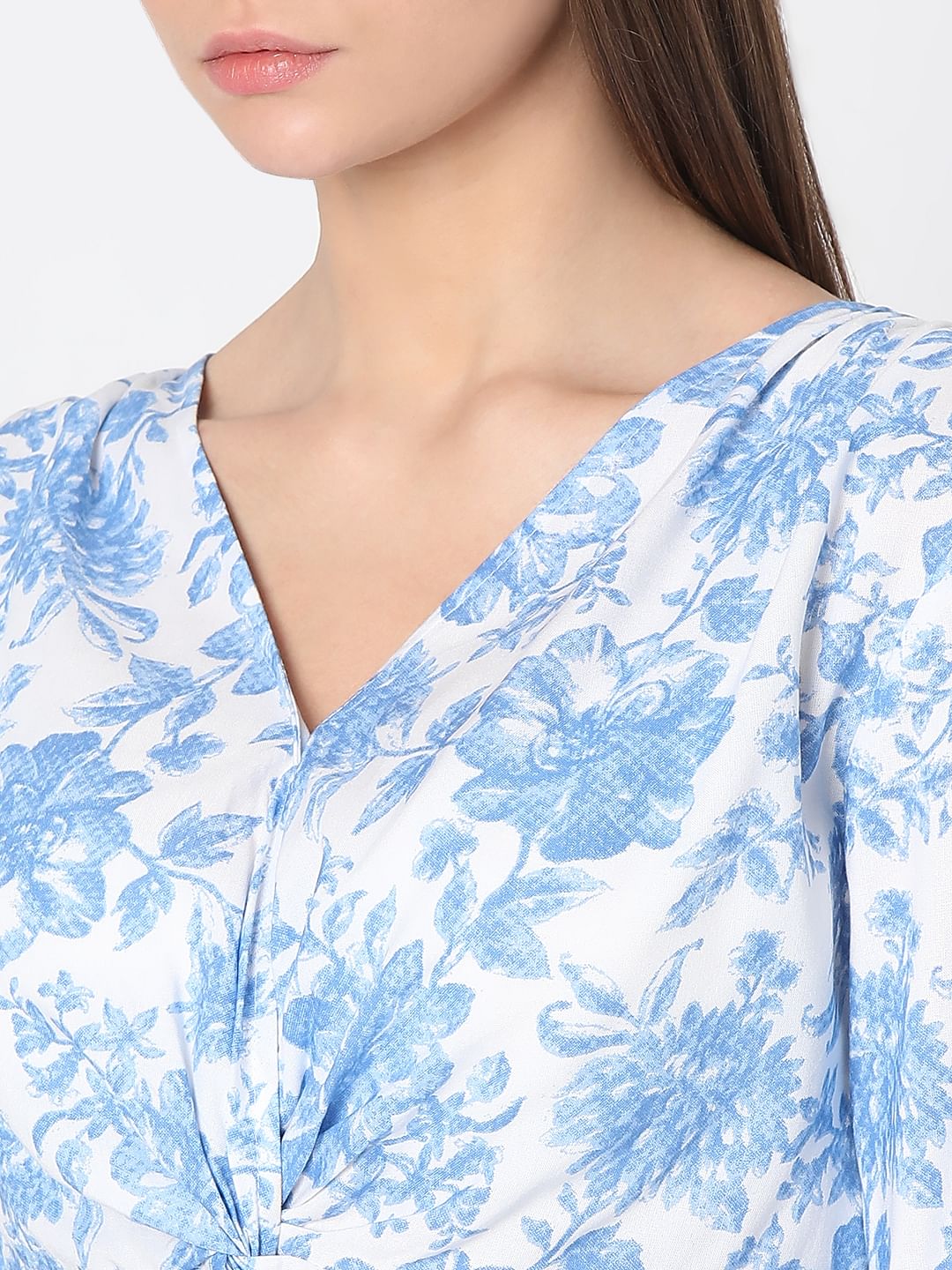 Blue & White Floral Print Cropped Top