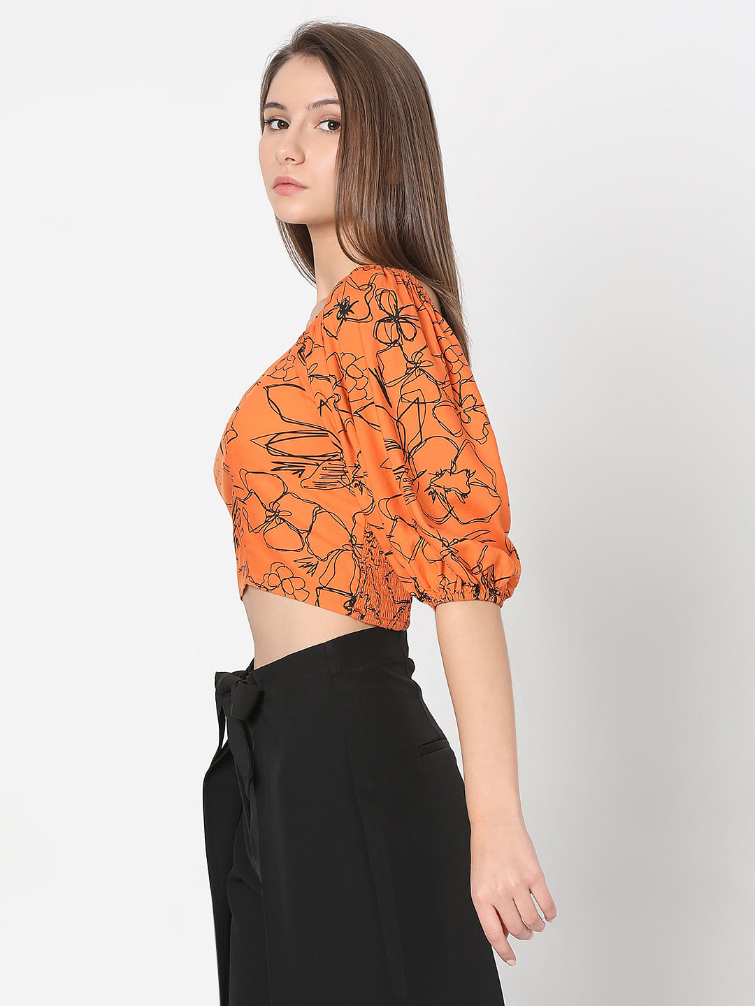 Orange Floral Cropped Top