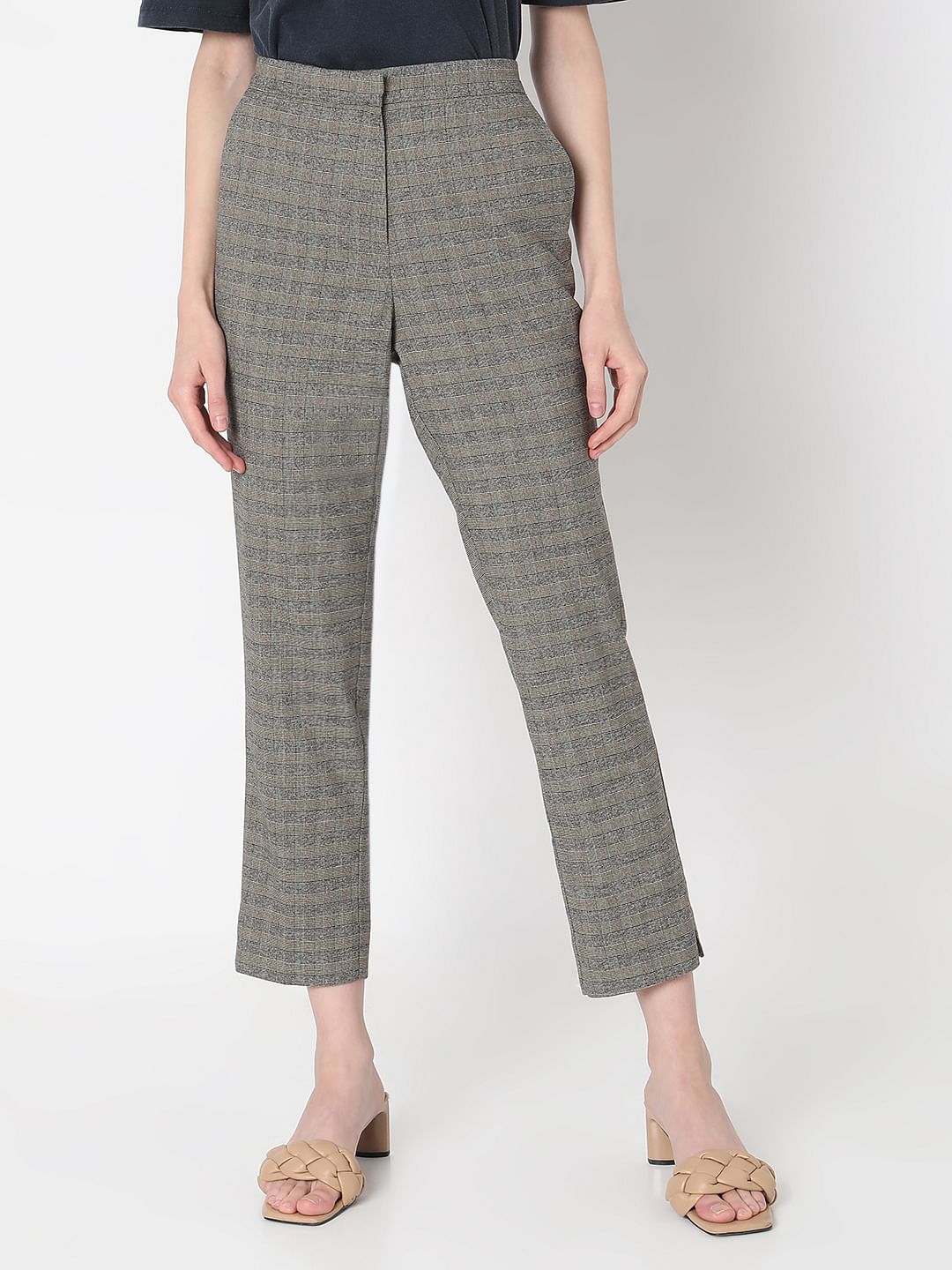 Grey & Yellow Mid Rise Check Pants