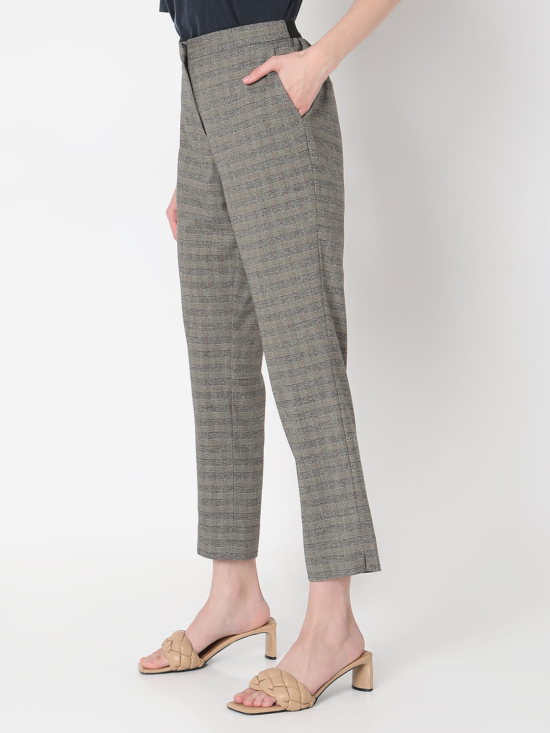 Grey & Yellow Mid Rise Check Pants