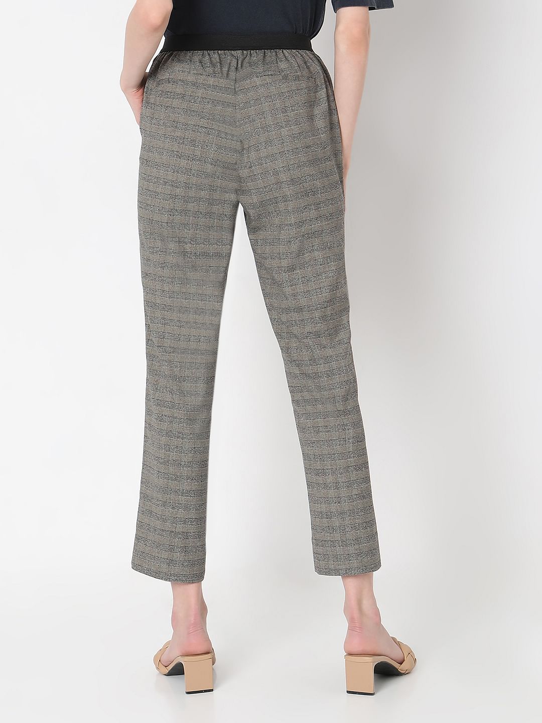 Grey & Yellow Mid Rise Check Pants