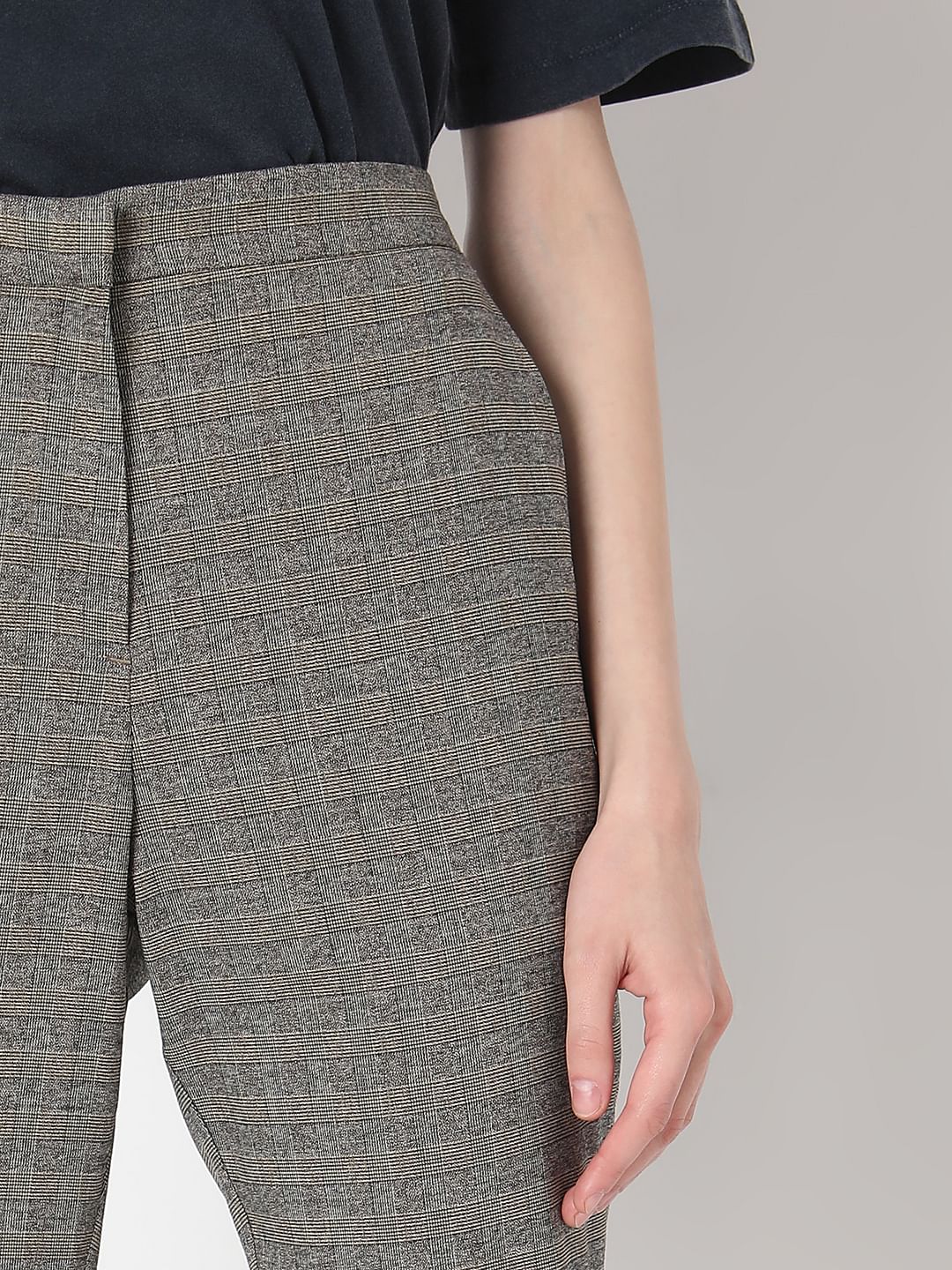 Grey & Yellow Mid Rise Check Pants
