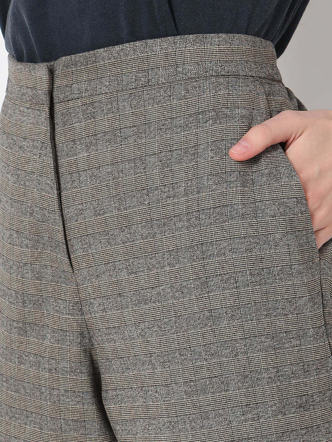 Grey & Yellow Mid Rise Check Pants