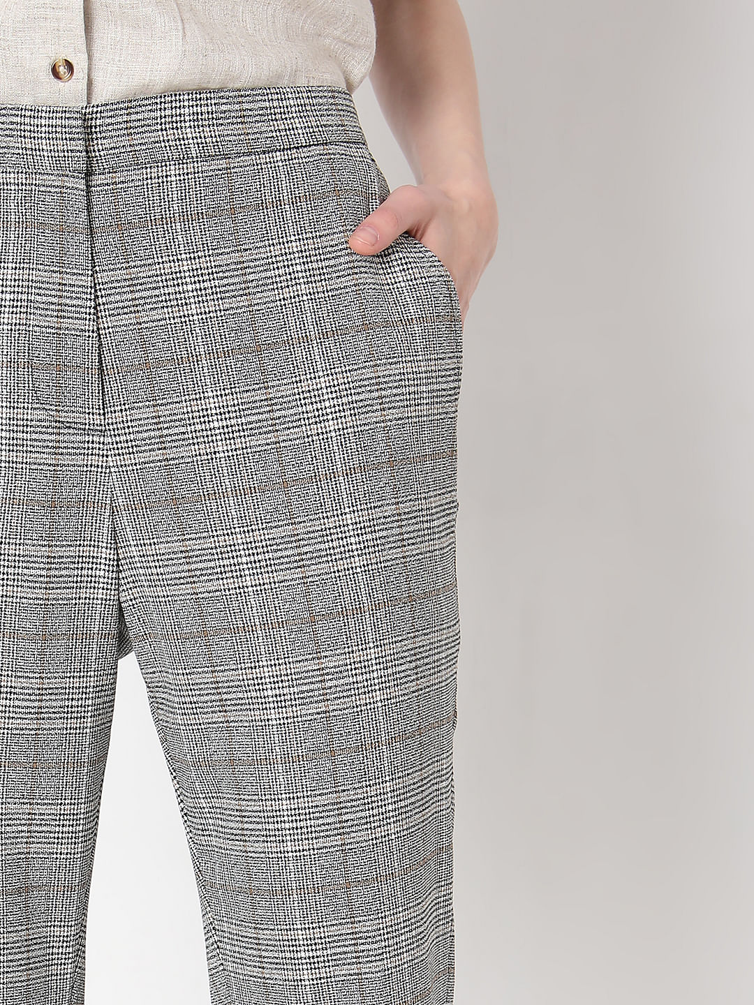 Grey Mid Rise Check Pants