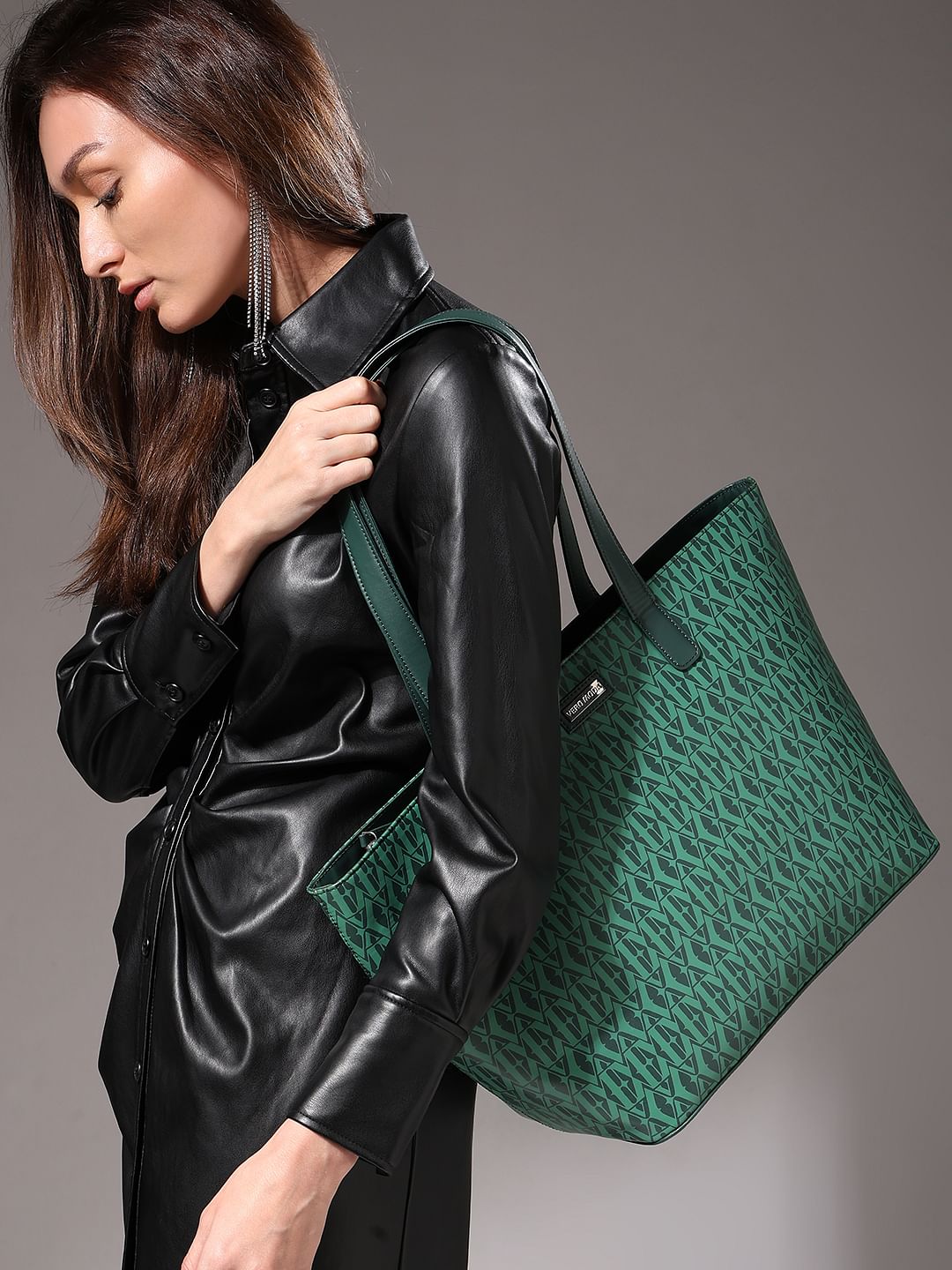 Green Monogram Print Tote Bag