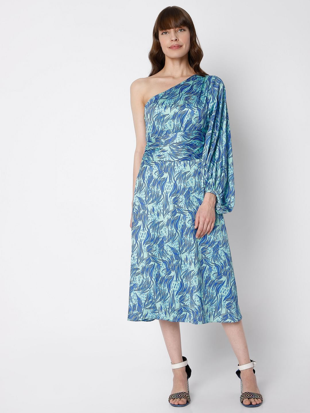 Blue Abstract Print Midi Dress