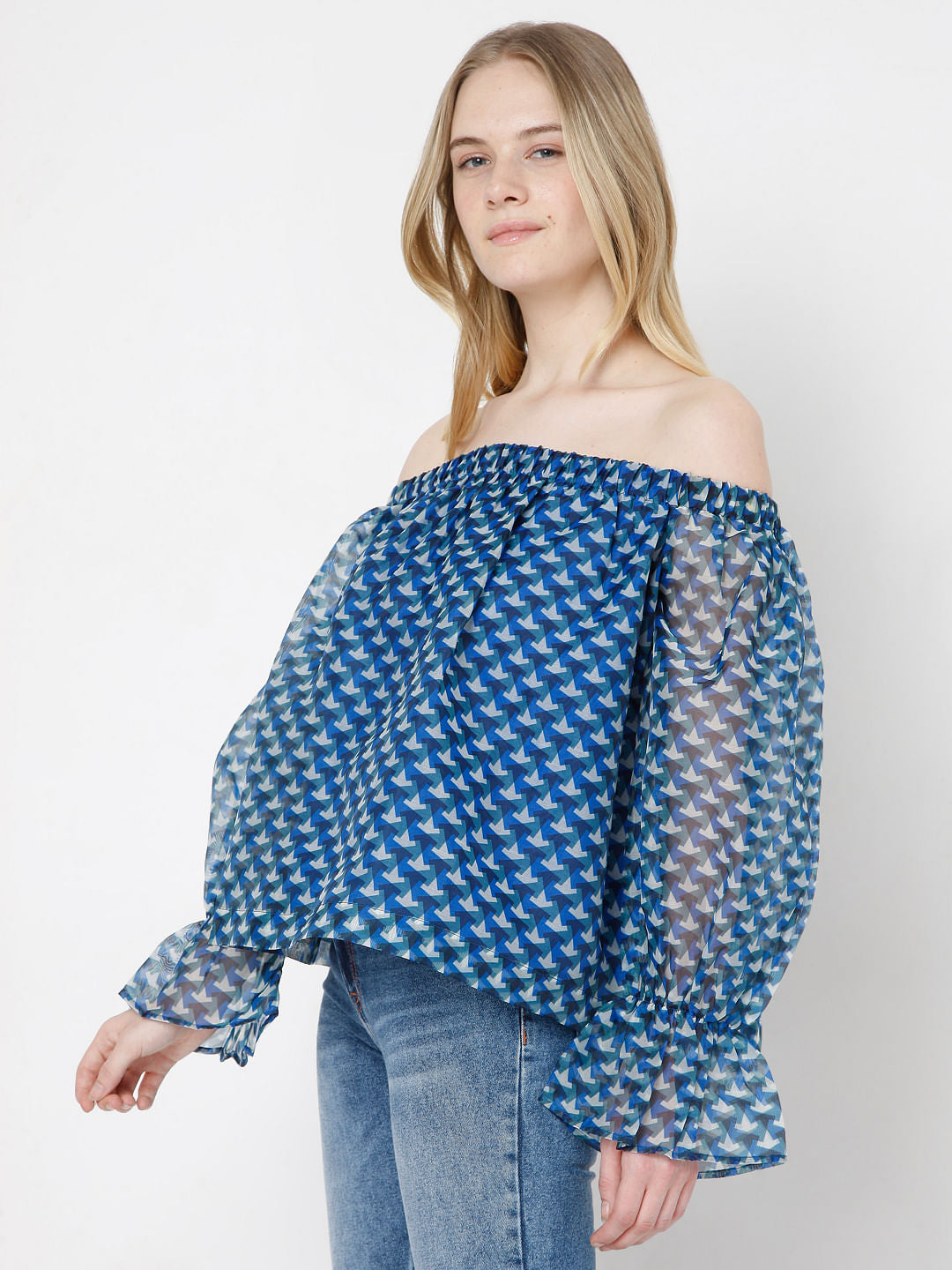 Blue Printed Off Shoulder Top
