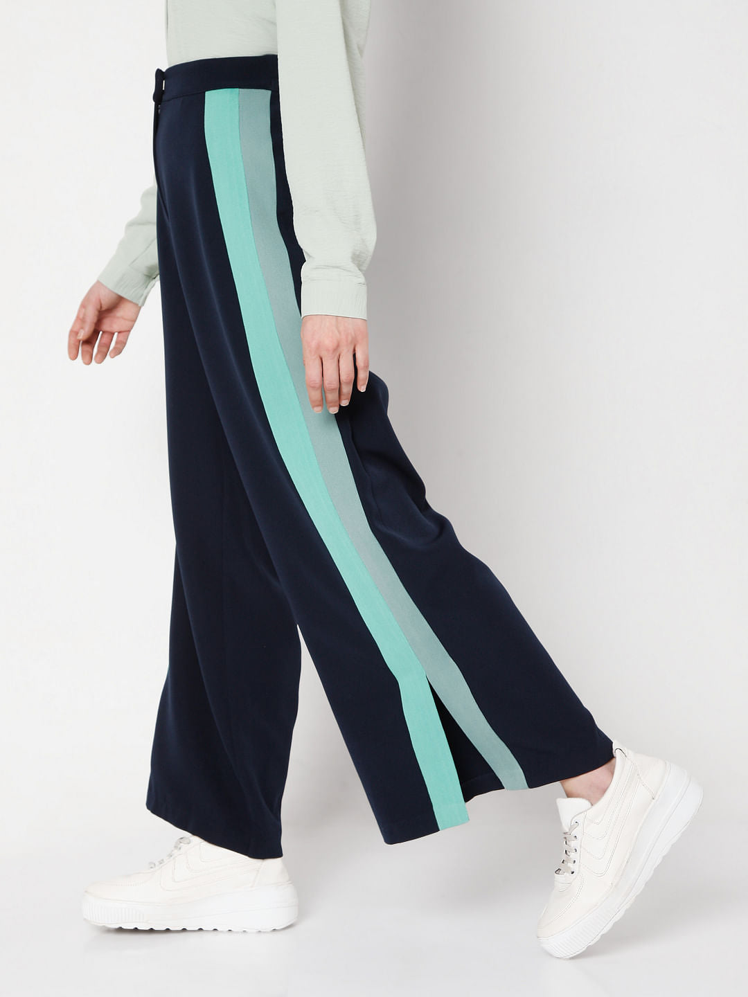 Blue Colourblocked Wide Leg Pants