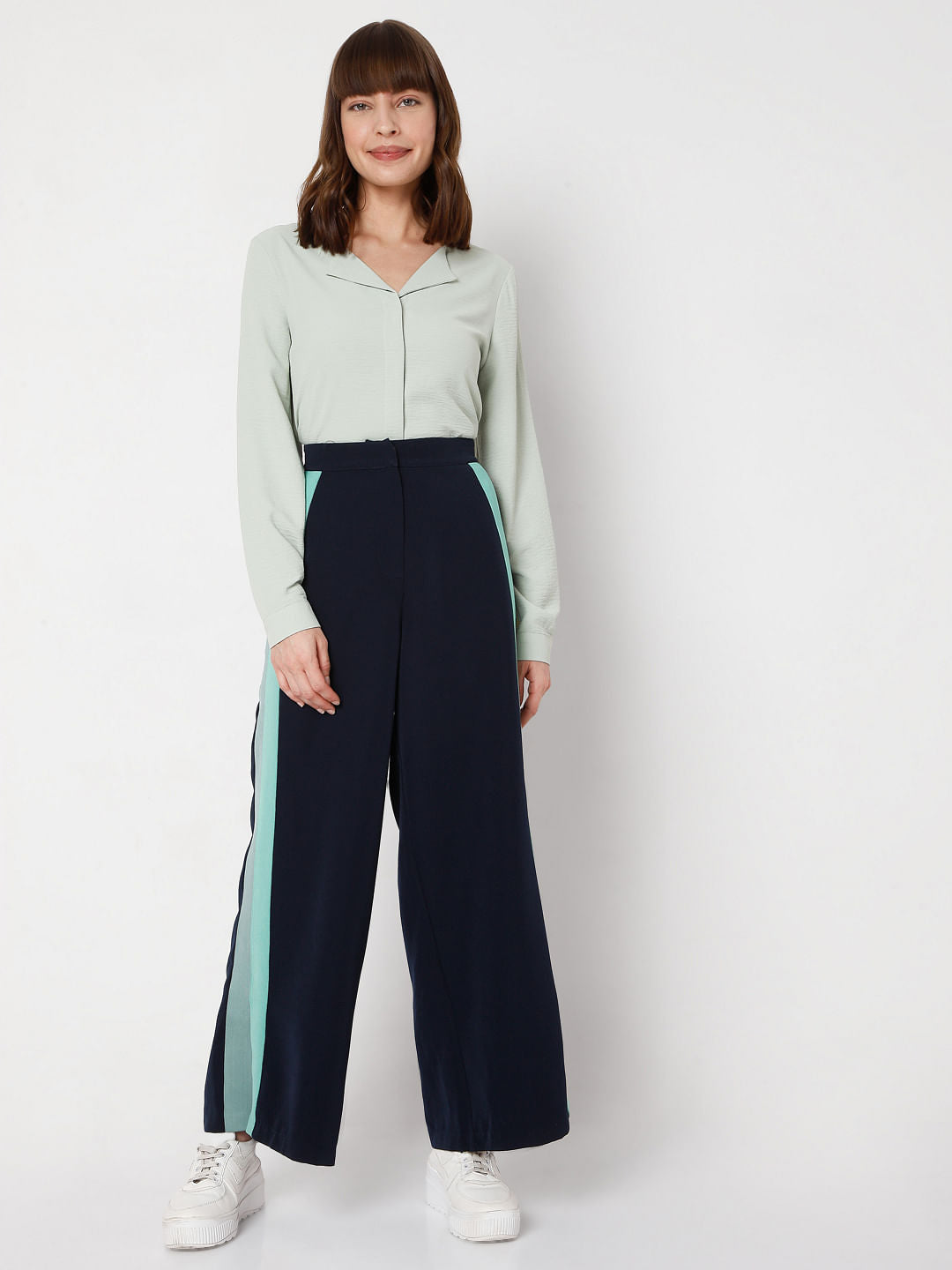 Blue Colourblocked Wide Leg Pants