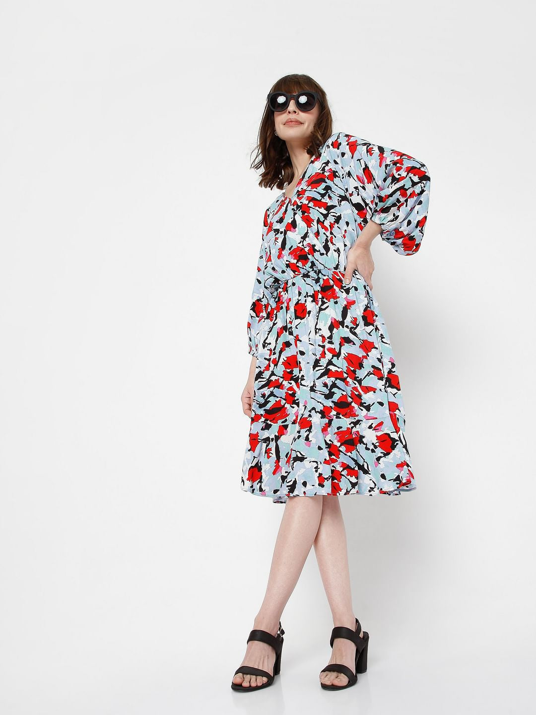 Blue Abstract Print Fit & Flare Dress