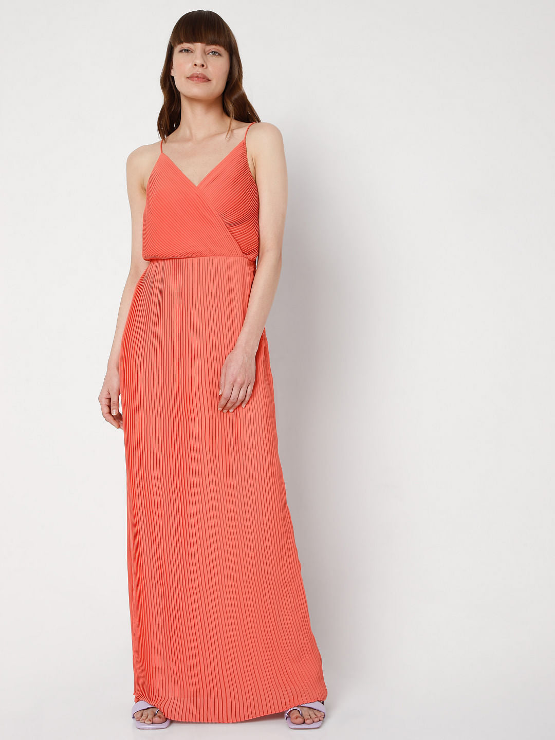Coral Pleated Maxi Dress