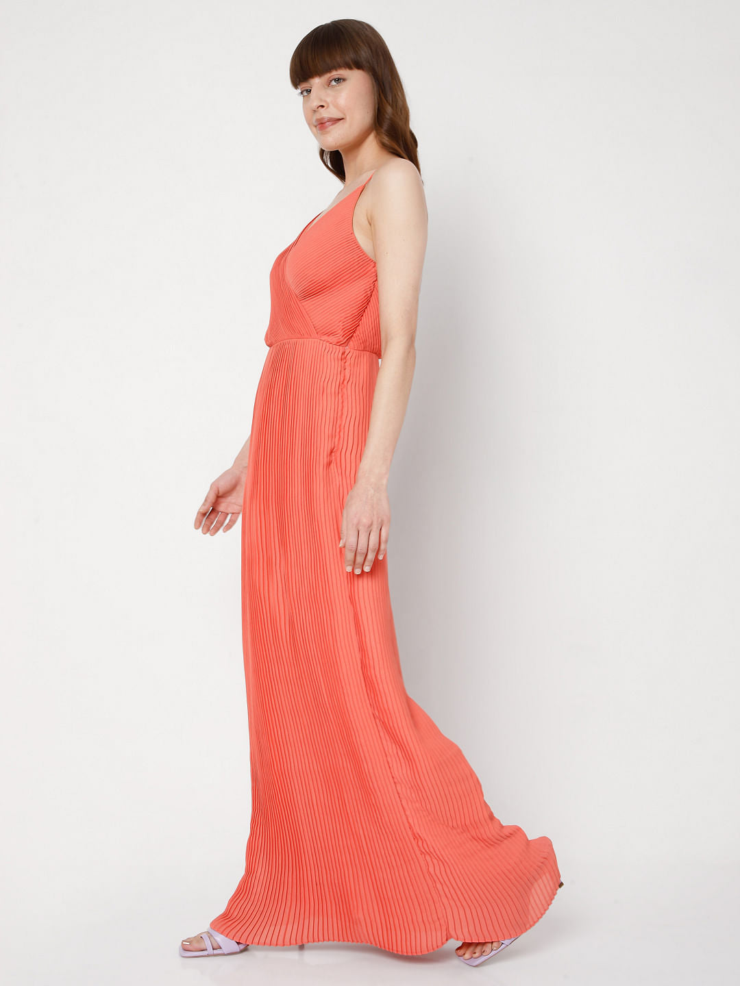Coral Pleated Maxi Dress