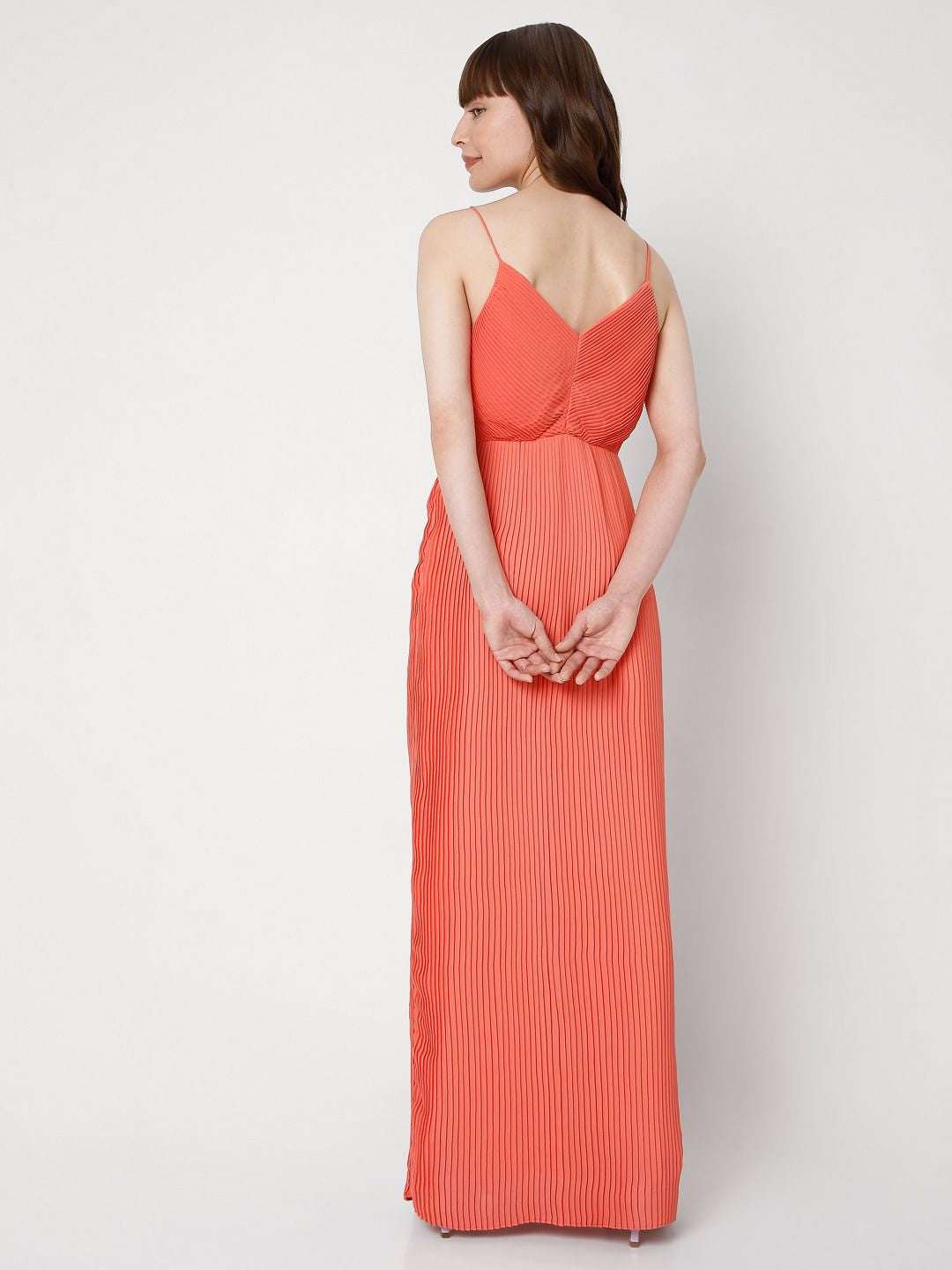 Coral Pleated Maxi Dress