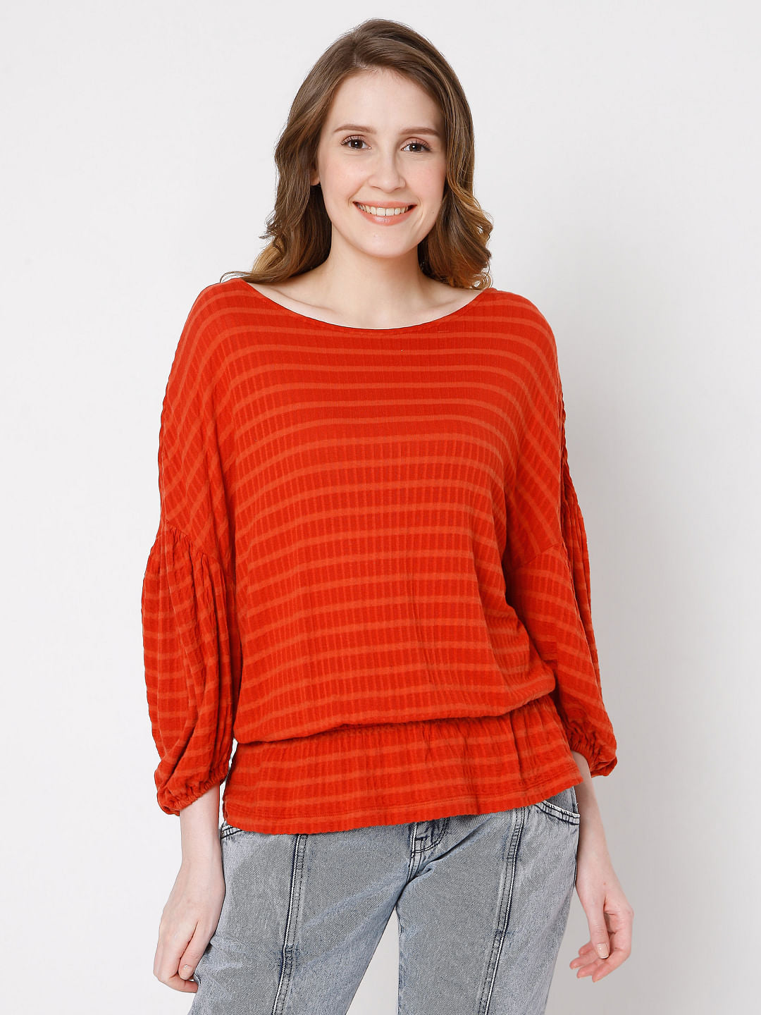 Red Textured Drop Shoulder Top