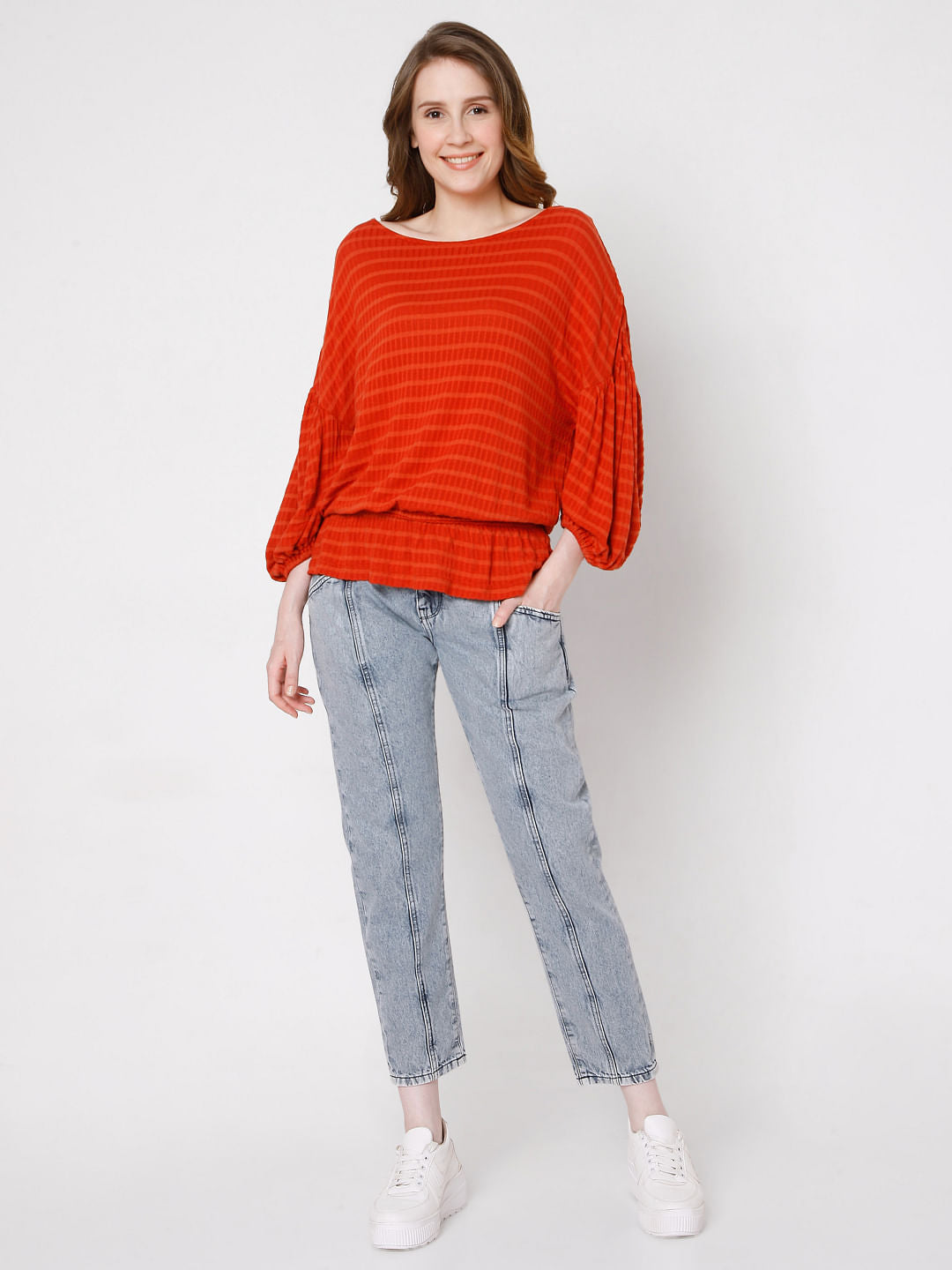 Red Textured Drop Shoulder Top