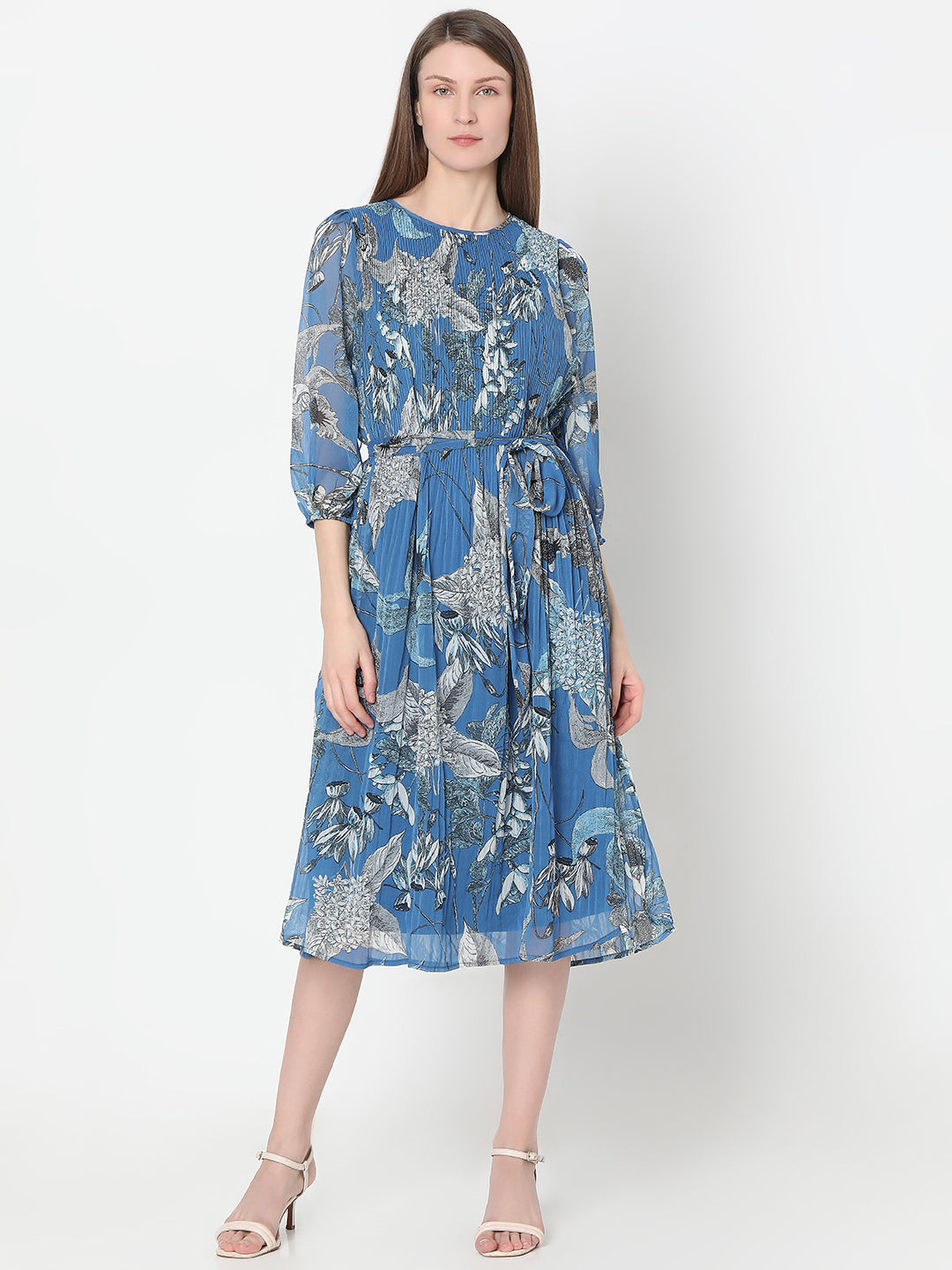 Blue Printed Pleated Dress