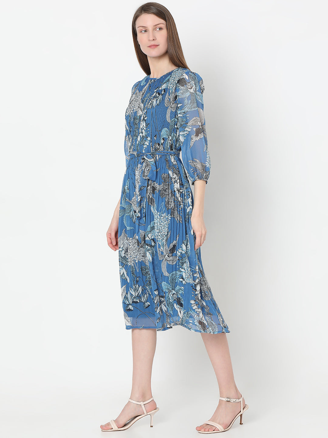 Blue Printed Pleated Dress