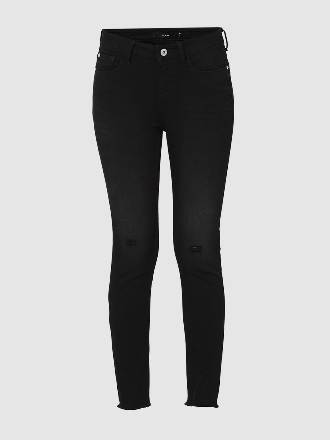 Black Mid Rise Distressed Skinny Jeans