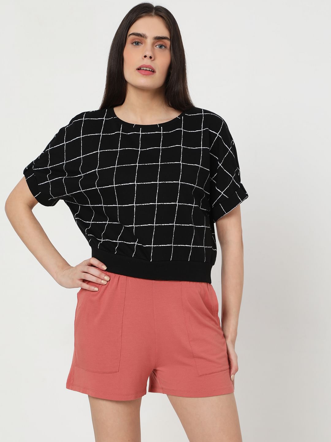Black Grid Print Top