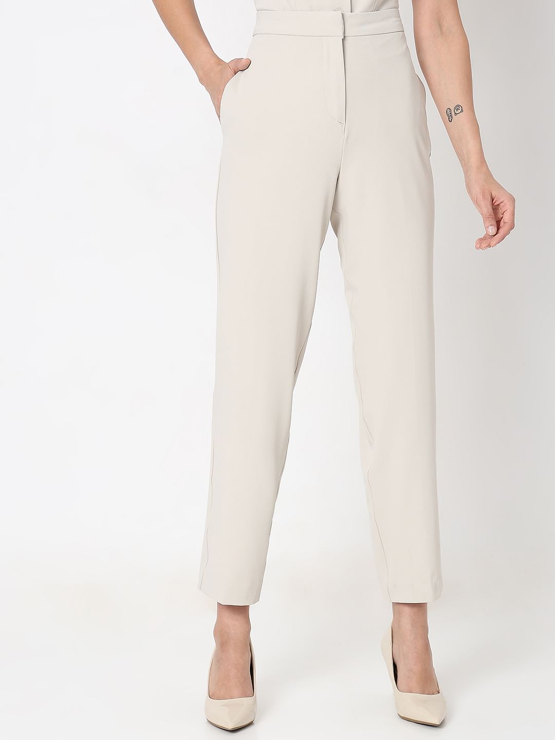 Beige High Rise Tapered Fit Pants