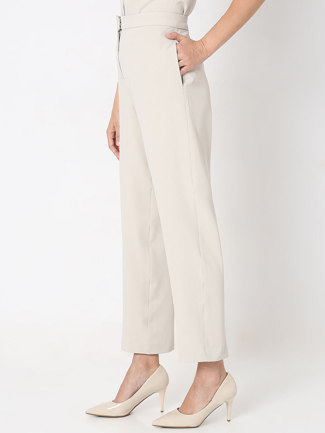 Beige High Rise Tapered Fit Pants