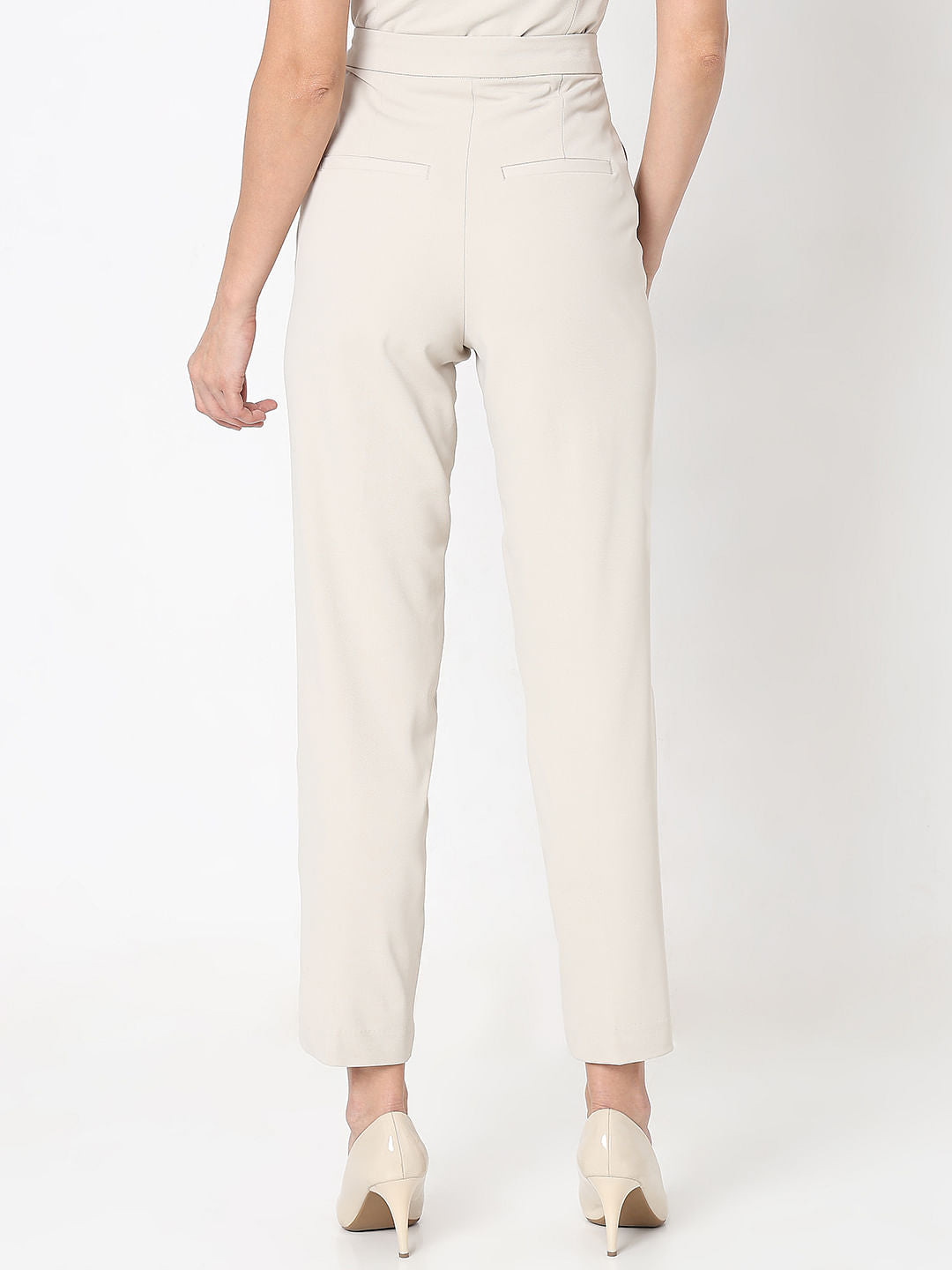 Beige High Rise Tapered Fit Pants