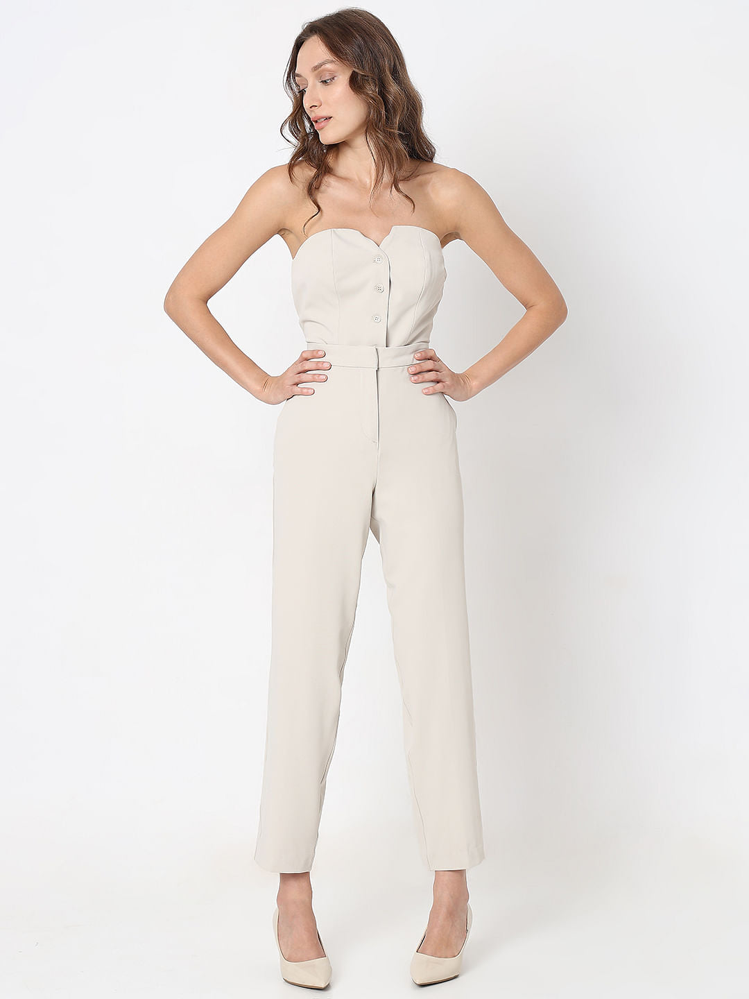 Beige High Rise Tapered Fit Pants