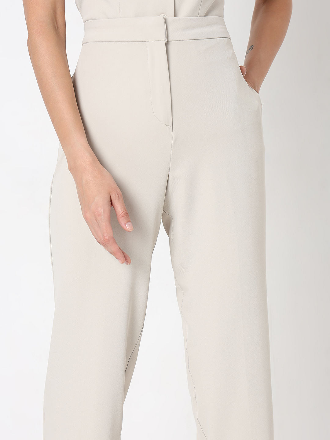 Beige High Rise Tapered Fit Pants