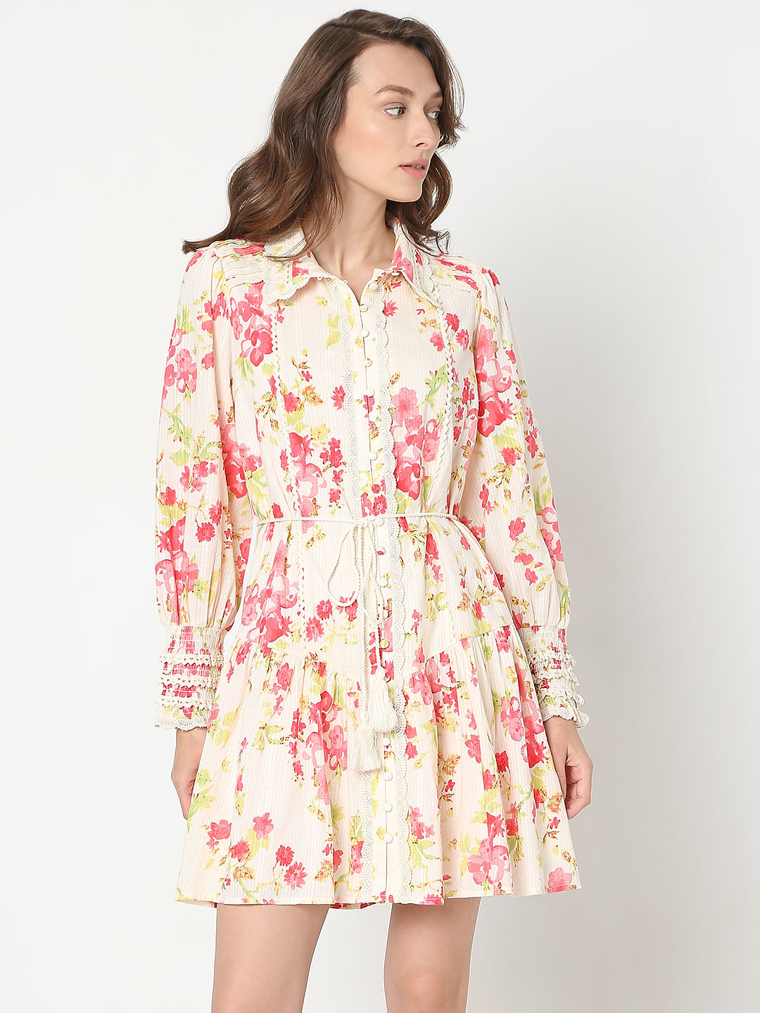 Pink Floral Print Shirt Dress