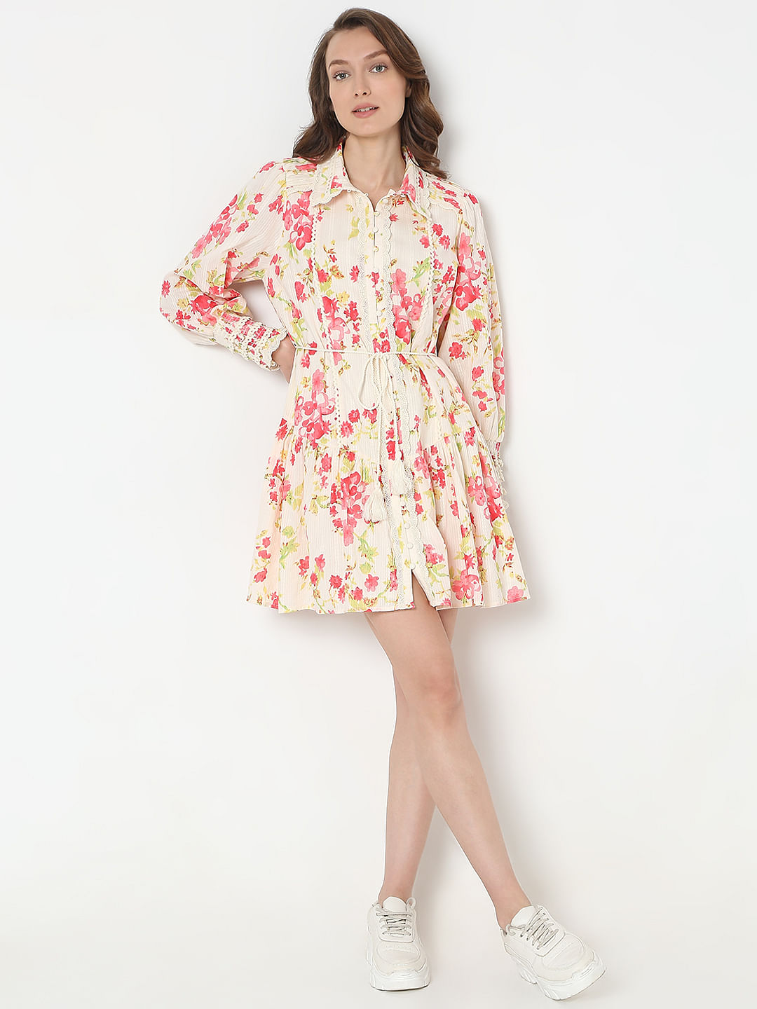 Pink Floral Print Shirt Dress