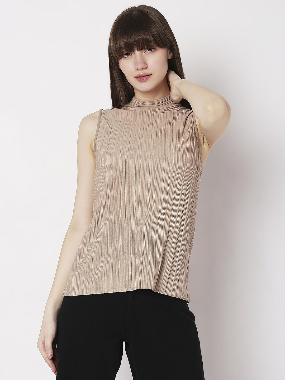 Beige Plisse Top