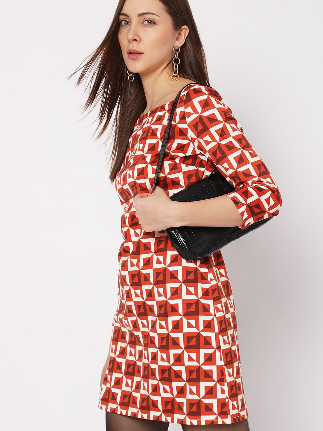 Red Printed Mini Shift Dress