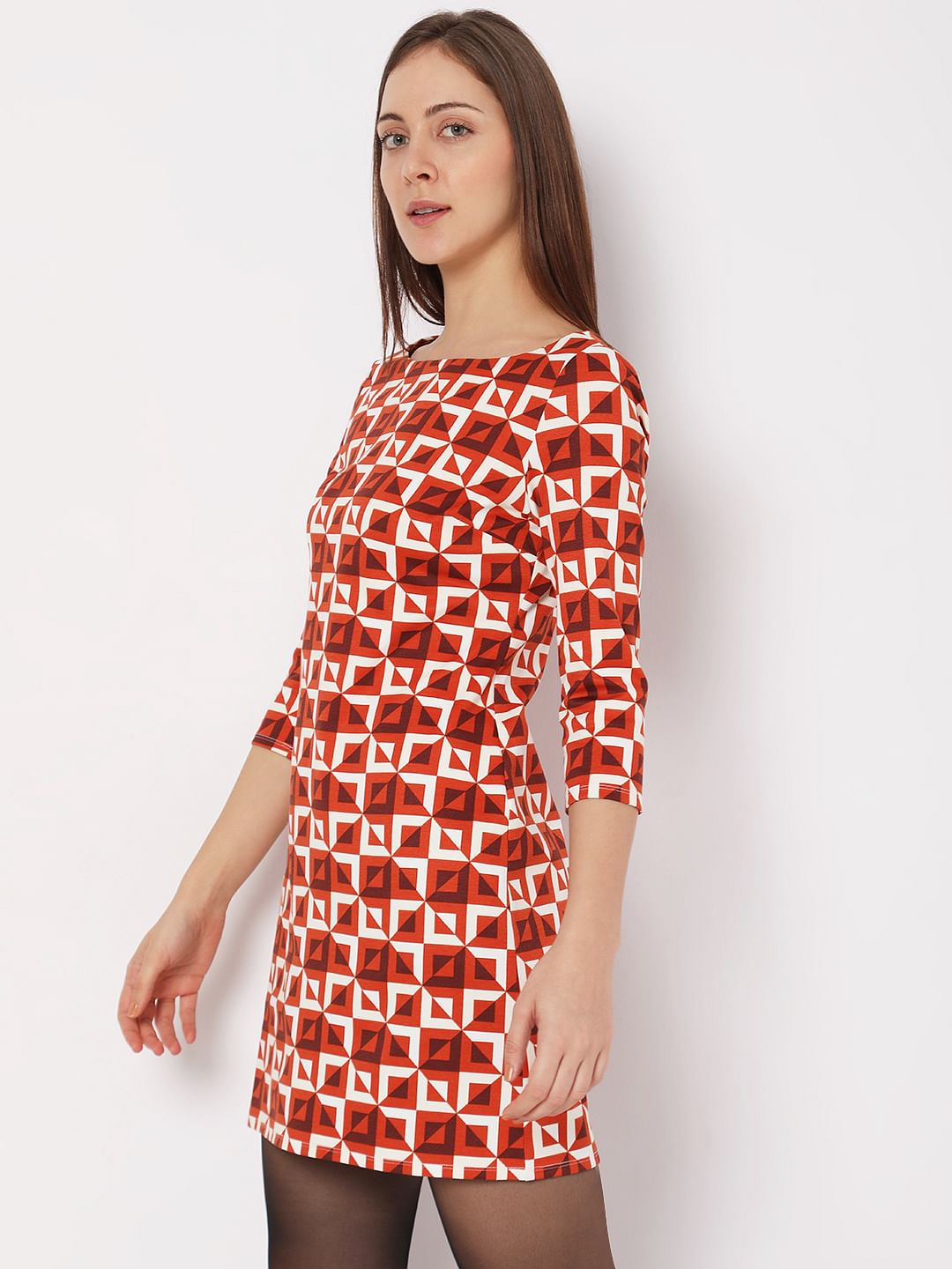 Red Printed Mini Shift Dress